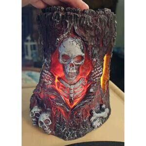 7" Skeleton Fire Light Up Halloween Pillar Candle Holder Rohs